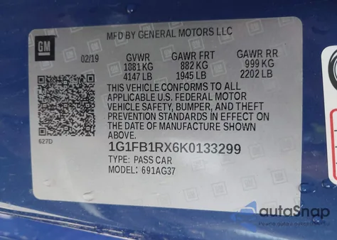 2019 Chevrolet Camaro 1Lt from USA, damaged, VIN 1G1FB1RX6K0133299